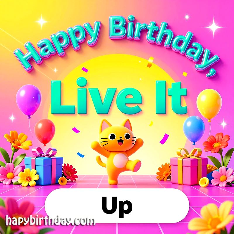 A joyous orange cartoon cat dances amid festive balloons, colorful gifts, and blooming flowers, with "Happy Birthday, Live It Up" text on a vibrant pink and yellow background, radiating pure celebration.