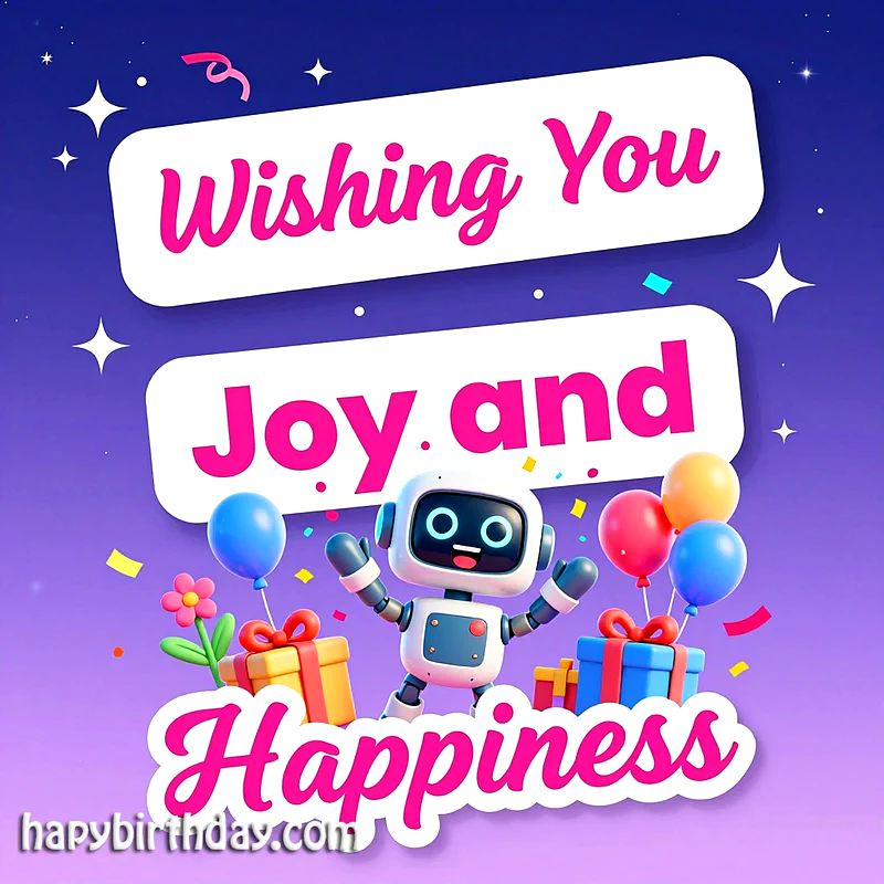 A cheerful 3D robot celebrates a birthday amidst colorful balloons, wrapped gifts, and sparkling confetti on a vibrant purple background, conveying heartfelt wishes for joy and happiness.