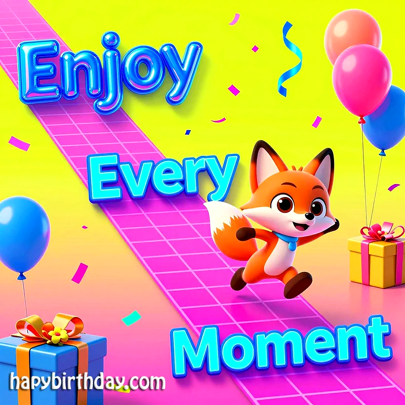 Cute fox running with balloons and gifts, vibrant colors, festive birthday scene.