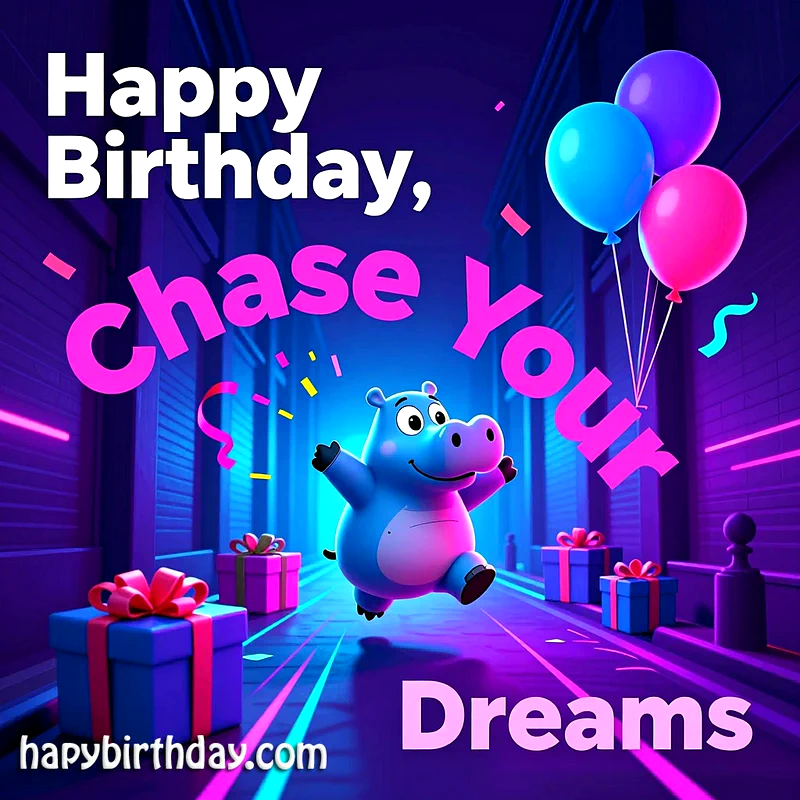 A cheerful hippo dances joyfully with balloons and gifts under vibrant neon lights, celebrating a dream-filled birthday.