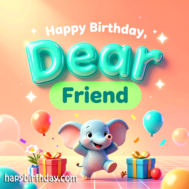 A cheerful elephant dances with balloons and gifts, surrounded by festive decorations.
