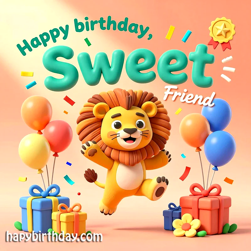 A cheerful lion with balloons and gifts, celebrating a birthday with vibrant colors and festive atmosphere.