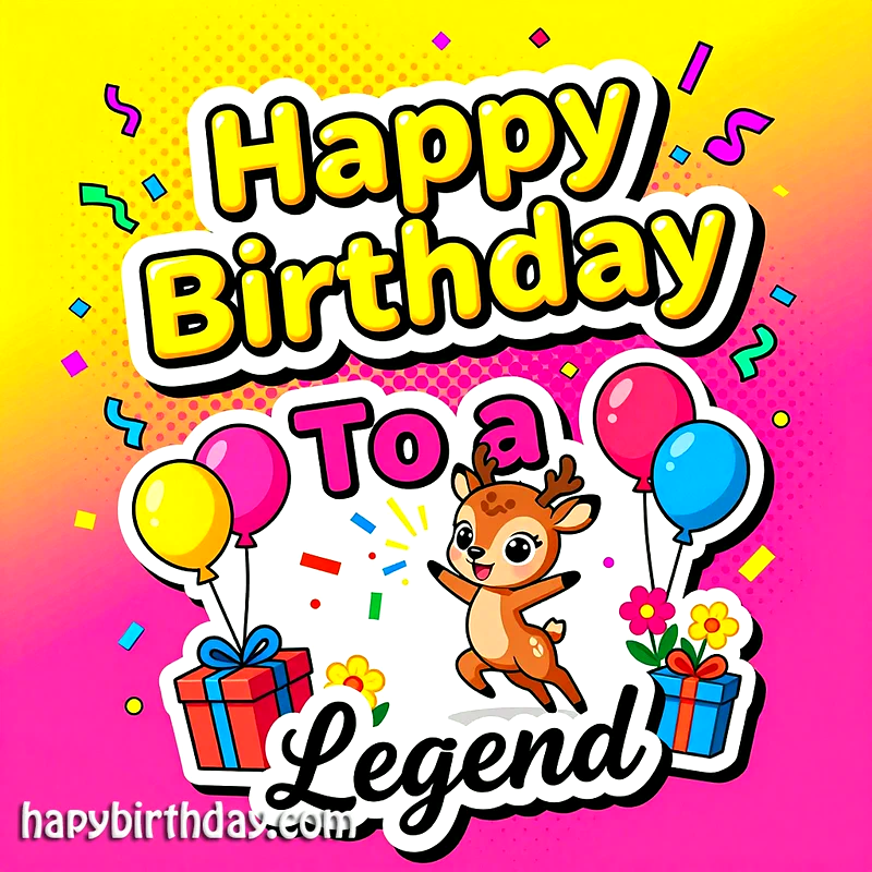 A cheerful deer with balloons and gifts, celebrating a birthday against a vibrant yellow and pink background.
