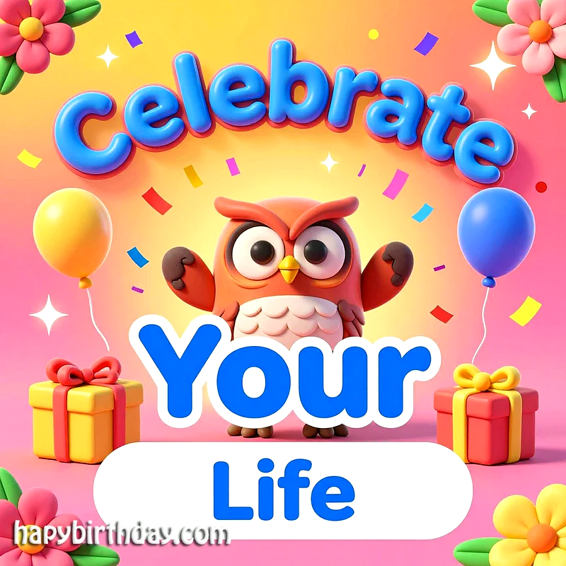 A cheerful owl with balloons and gifts, celebrating life against a vibrant background.