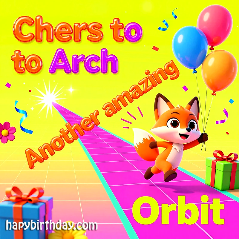 A cheerful fox holding balloons on a vibrant path with gifts and festive decorations.