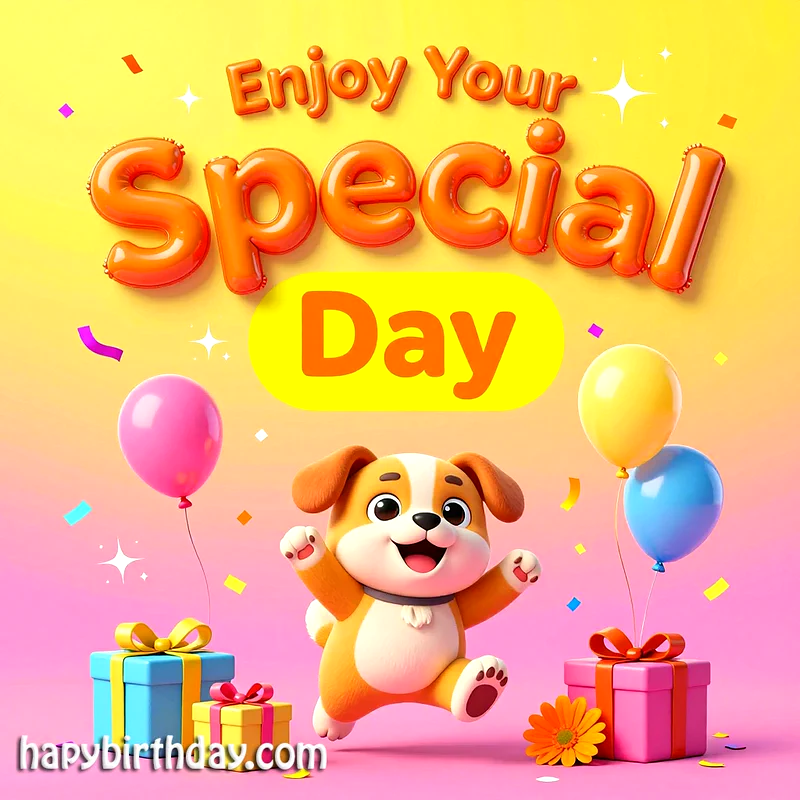 sweet puppy holding balloons near colorful gifts under festive yellow and pink background