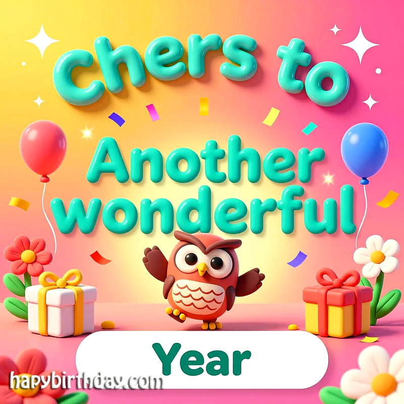 Cute owl celebrating a birthday with colorful balloons, flowers, and gifts, creating a joyful and festive atmosphere.