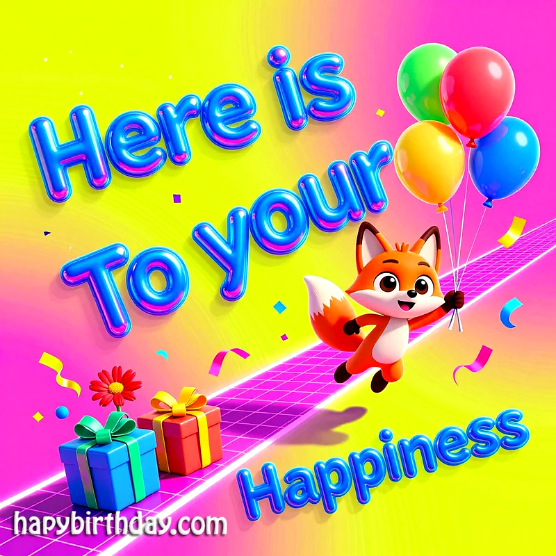 Here is to Your Happiness Birthday Card with Cute Fox and Balloons