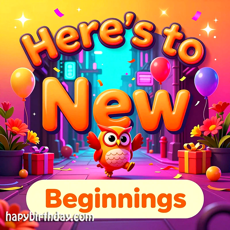 Vibrant birthday card with a cheerful cartoon owl amidst orange letters spelling 'Here's to New Beginnings'. Colorful balloons, gifts, and glowing neon lights create a festive atmosphere for fresh starts.