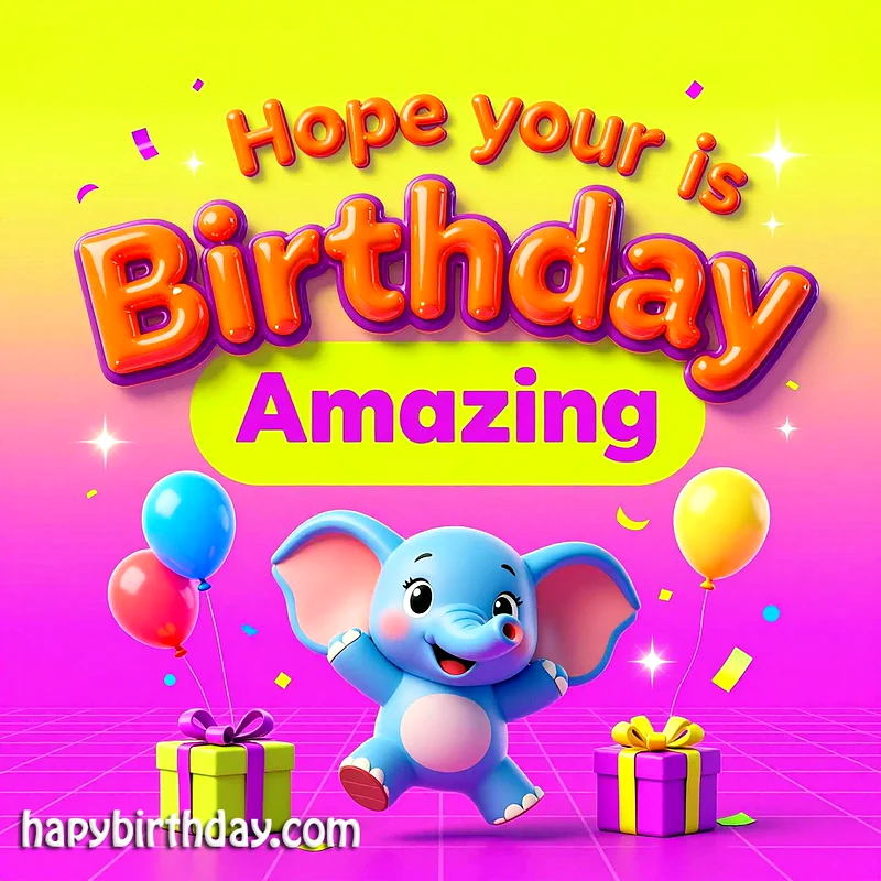 A cheerful blue cartoon elephant celebrating a birthday with colorful balloons and gift boxes, set against a vibrant yellow and pink background, sparkling with confetti.
