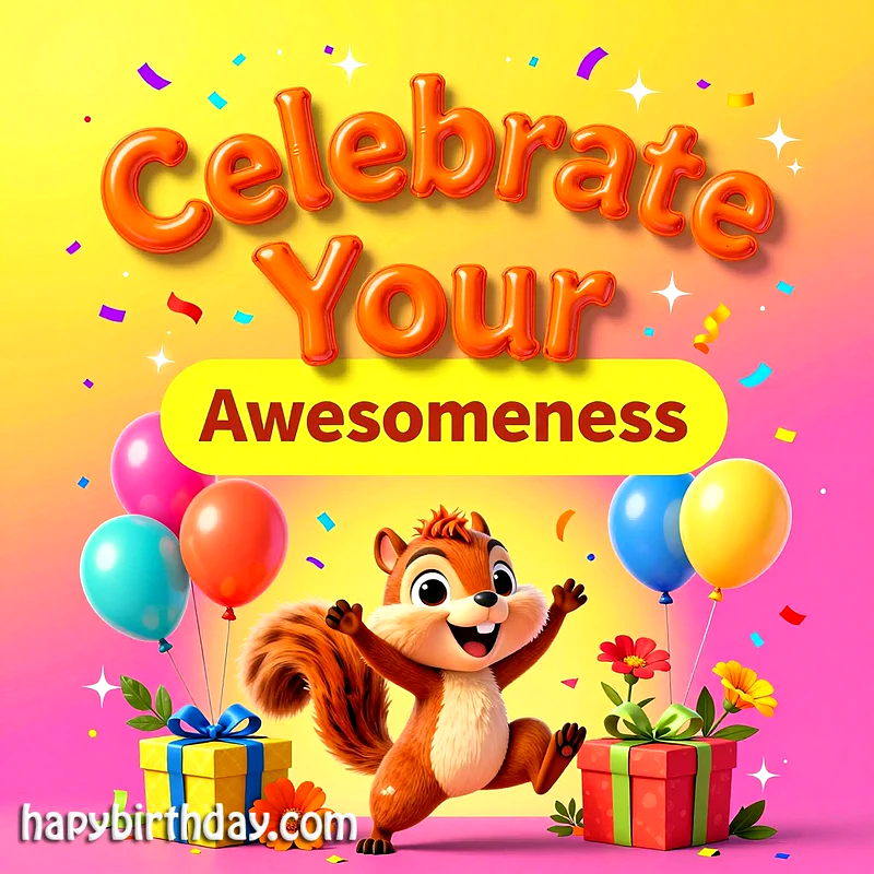 A vibrant birthday card featuring a happy cartoon squirrel, surrounded by colorful balloons, sparkling confetti, and charming gift boxes, conveying pure celebration.