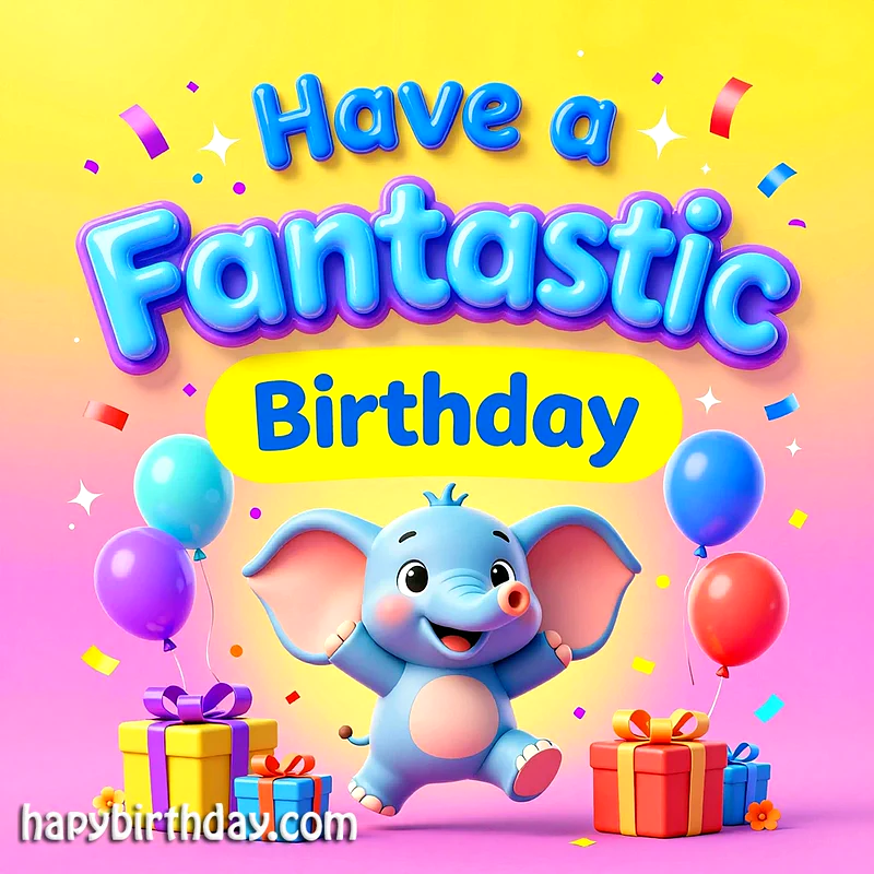 Joyful Birthday Card: Cute Elephant, Balloons & Festive Wishes