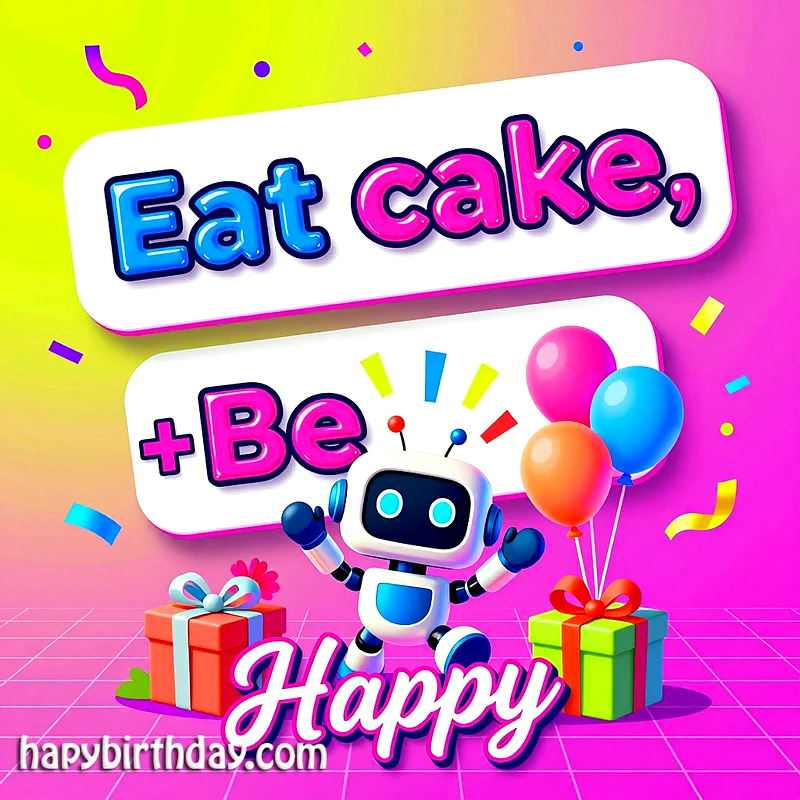 A cheerful birthday card featuring a cute white and blue robot celebrating amidst colorful gifts, balloons, and confetti. The card displays the festive wish: 'Eat cake, + Be Happy'.