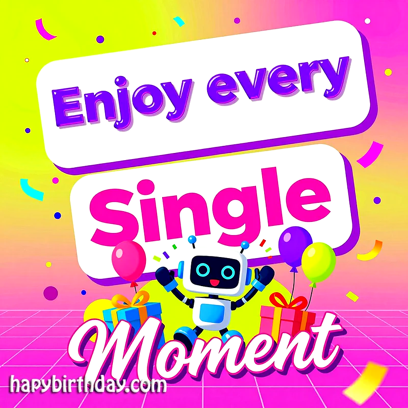 A vibrant birthday card featuring a cute, white and blue robot with outstretched arms surrounded by colorful gifts, balloons, and confetti. The festive scene conveys pure joy and celebration.