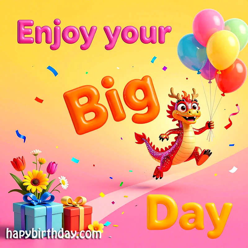 A vibrant birthday card featuring a cute red dragon with golden horns holding colorful balloons. Two gift boxes and a small bouquet of flowers sit below, all against a confetti-strewn yellow and pink background, wishing a joyous celebration.