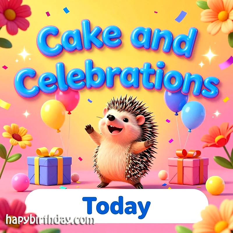 A delightful birthday card featuring a cheerful hedgehog, arms open, surrounded by vibrant balloons, colorful gift boxes, and festive confetti. The scene evokes pure joy and warmth for a special celebration.