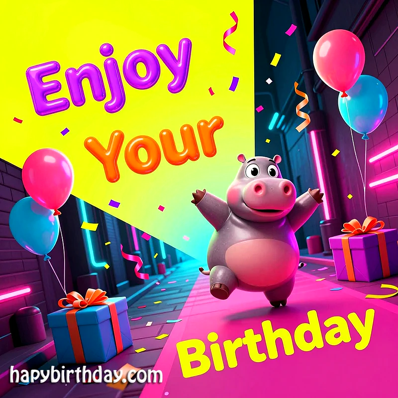 A vibrant birthday card featuring a happy cartoon hippo with arms outstretched amidst colorful confetti, pink and blue balloons, and brightly wrapped gifts, set against a glowing neon background.