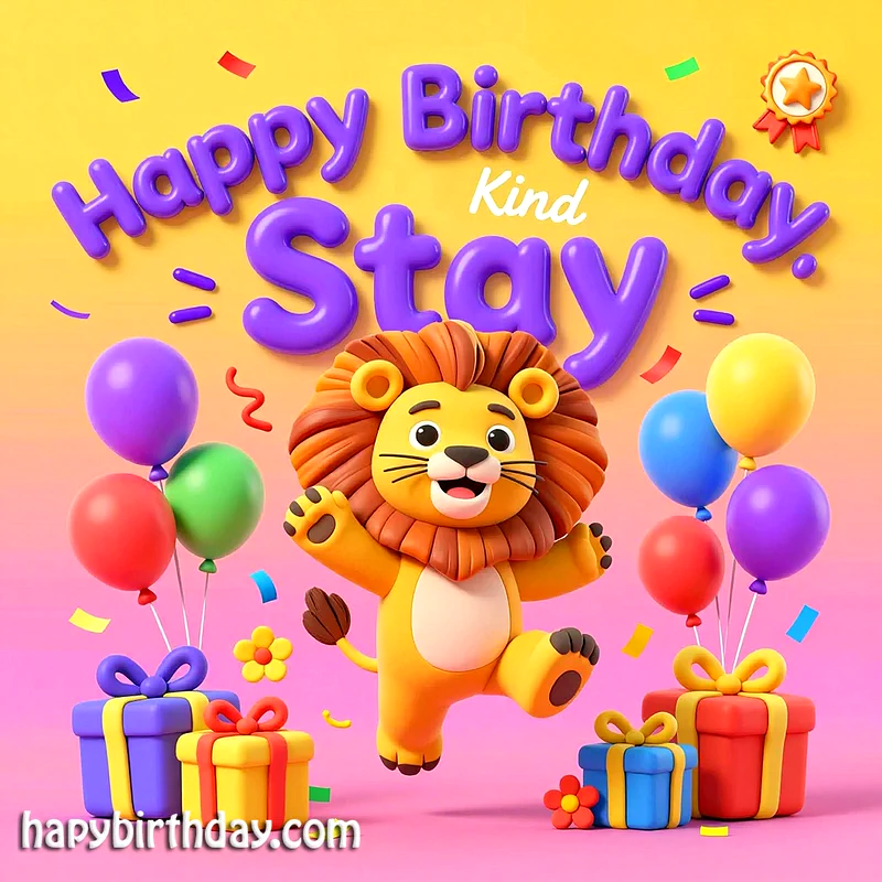 Cute lion surrounded by colorful balloons and gifts, celebrating a birthday with vibrant colors and festive atmosphere.