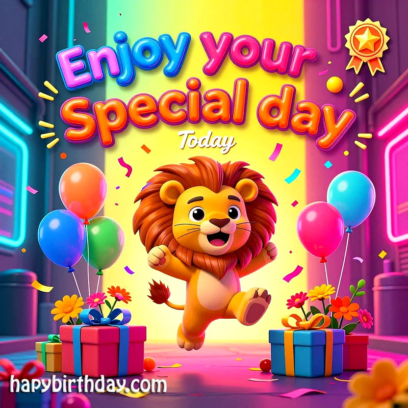 A cheerful lion celebrates with balloons, gifts, and flowers against a vibrant background.