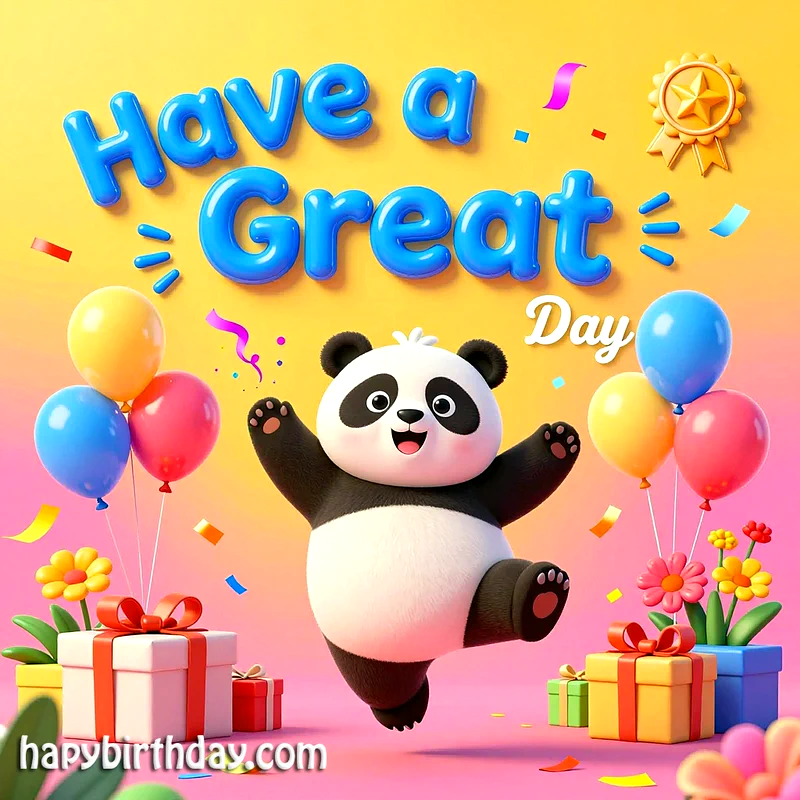 A cheerful cartoon panda with outstretched arms, surrounded by vibrant balloons and colorful gift boxes, celebrating against a yellow and pink gradient background with confetti.