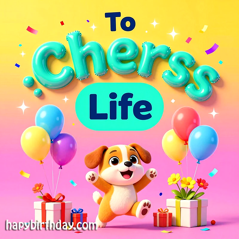 A cheerful cartoon puppy joyfully leaps amidst colorful balloons, wrapped gifts, and sparkling confetti on a bright gradient background, wishing "To Cherrs Life!".