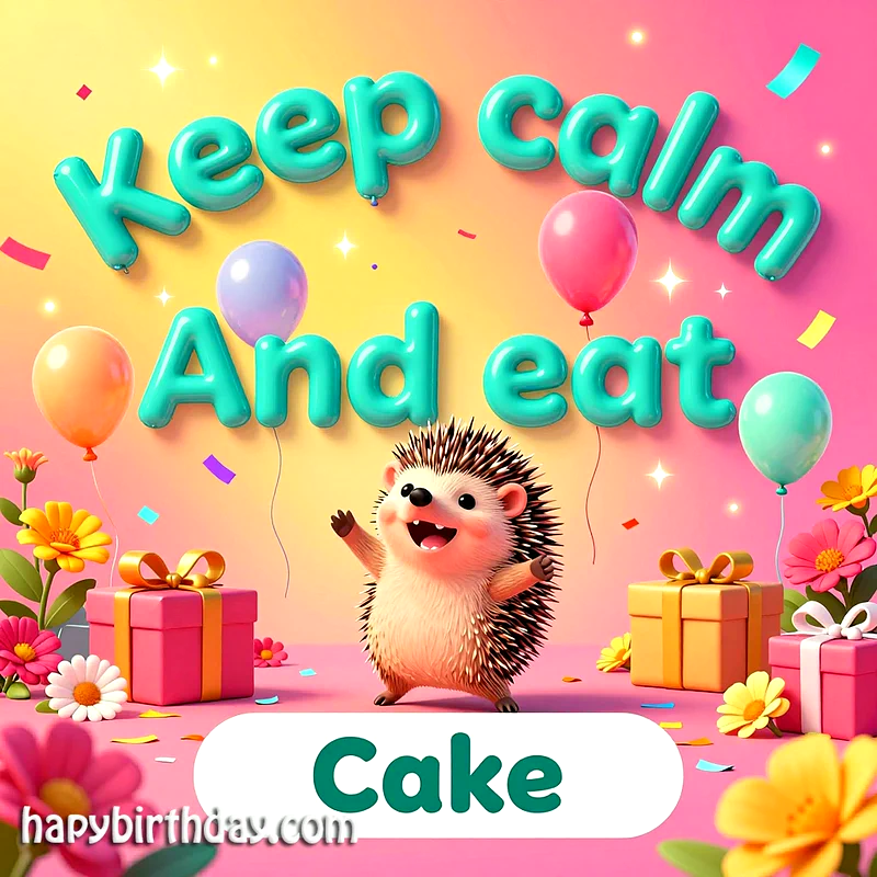 A cheerful hedgehog stands among colorful balloons, pink and gold gifts, and scattered confetti on a vibrant pink and yellow background. The cute creature celebrates a festive birthday with joy.