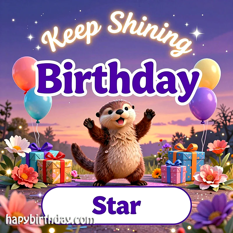 A charming cartoon otter with open arms celebrates amidst glowing birthday gifts, colorful balloons, and vibrant flowers under a sparkling twilight sky, wishing someone a special day.