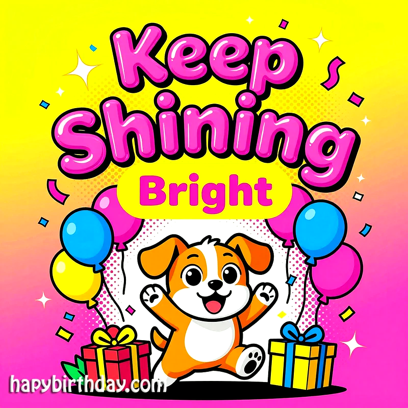 A cheerful orange and white puppy waves, surrounded by vibrant balloons, colorful gifts, and festive confetti. The bright card features the uplifting message 'Keep Shining Bright' on a vivid yellow and pink gradient.