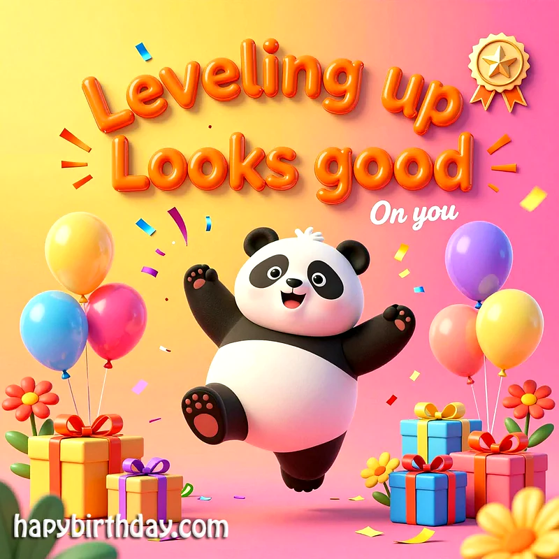 A joyful 3D animated panda leaps amidst colorful balloons and wrapped gift boxes. Confetti falls around, with orange text: 'Leveling up Looks good On you'. A festive birthday scene.