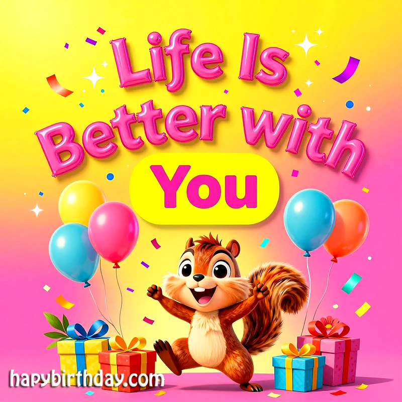 A cheerful brown squirrel dancing with open arms under festive balloons and wrapped gifts, surrounded by falling confetti on a pink and yellow gradient background.
