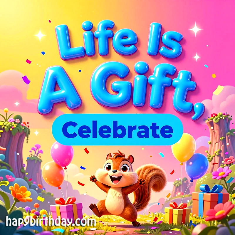 A joyful animated squirrel with outstretched arms surrounded by colorful balloons, festive gifts, and falling confetti in a bright, whimsical birthday landscape, radiating pure celebration.