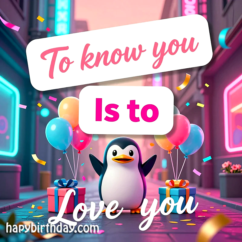 A charming cartoon penguin stands between colorful balloons and wrapped gifts on a festive street, with confetti. This joyful birthday card shares deep affection, featuring the text 'To know you Is to Love you'.