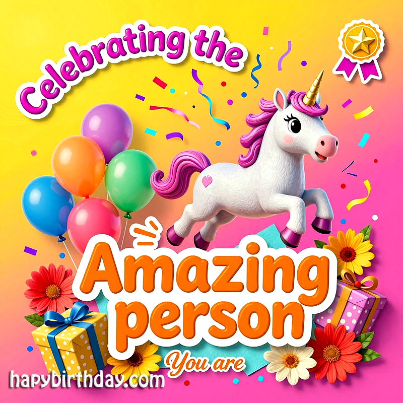 A unicorn with pink mane and tail, surrounded by balloons, flowers, and gifts, celebrating a birthday.