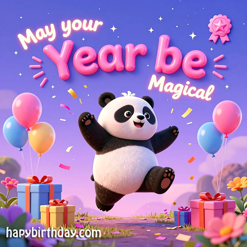 A cheerful 3D panda jumps joyfully amidst floating balloons, colorful gifts, and sparkling confetti, wishing a magical birthday year against a vibrant purple sky adorned with stars.