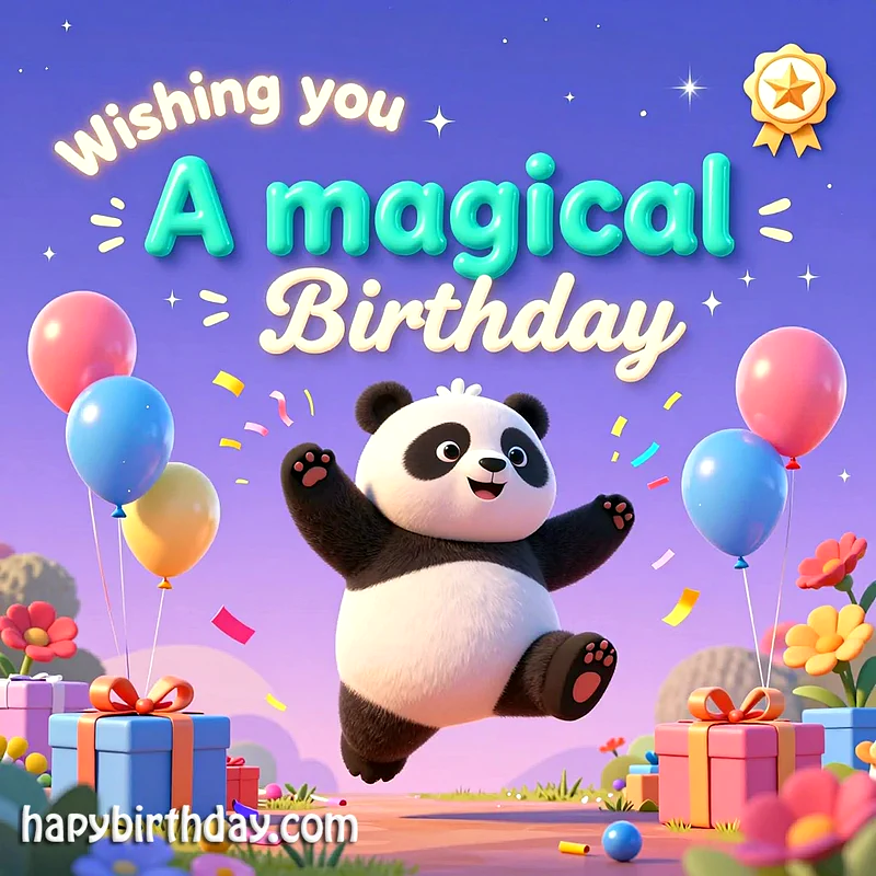 A delightful illustration of a cheerful panda leaping with joy, surrounded by colorful balloons, wrapped gifts, and sparkling confetti, wishing a magical birthday to someone special.