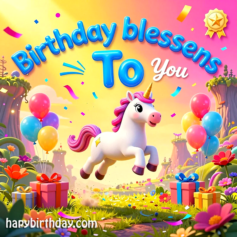 A cheerful 3D cartoon unicorn with a pink mane leaps amidst vibrant balloons, colorful gifts, and sparkling confetti. "Birthday Blessens To You" is written above, set in a whimsical, joyful landscape.