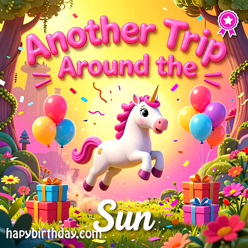 A whimsical unicorn leaps amidst a vibrant birthday landscape with colorful balloons, confetti, and wrapped gifts, celebrating another year with joy and magic under a bright, sunny sky.