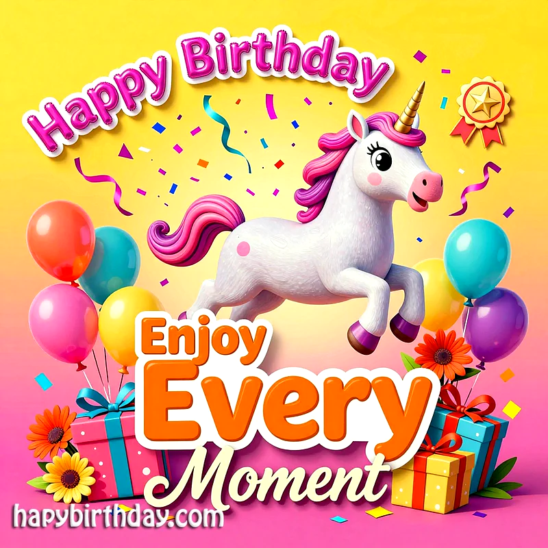 A cute white unicorn with a pink mane jumping amidst colorful balloons, wrapped gifts, and bright flowers on a vibrant yellow and pink background with the text Happy Birthday Enjoy Every Moment.