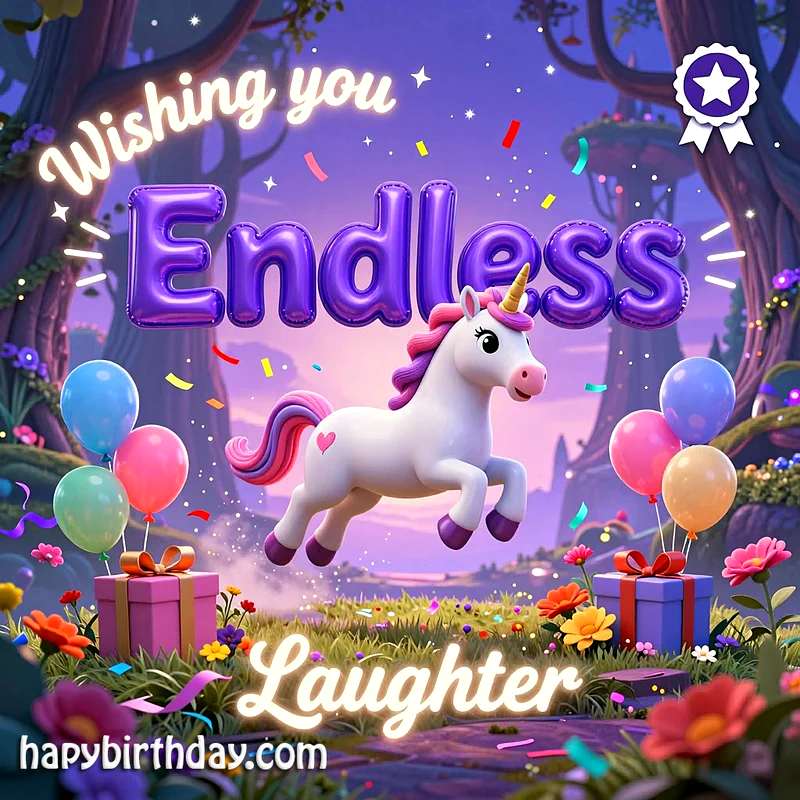 A vibrant birthday card featuring a happy 3D unicorn prancing amidst colorful balloons, confetti, and wrapped gifts in an enchanted purple forest. It radiates pure joy and magical celebration.