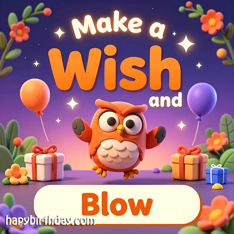 A cheerful 3D rendered orange owl stands amidst colorful gift boxes and floating balloons under a starry purple sky, next to a prompt to make a wish and blow.
