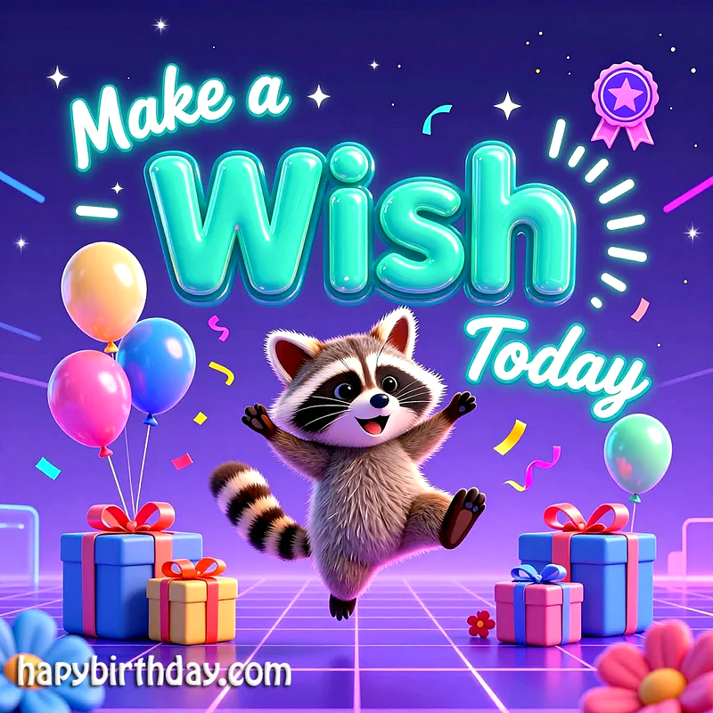 A cheerful cartoon raccoon jumping in the center, surrounded by colorful balloons, wrapped gifts, and sparkling confetti against a vibrant purple background, with "Make a Wish Today" in bright, glowing text.