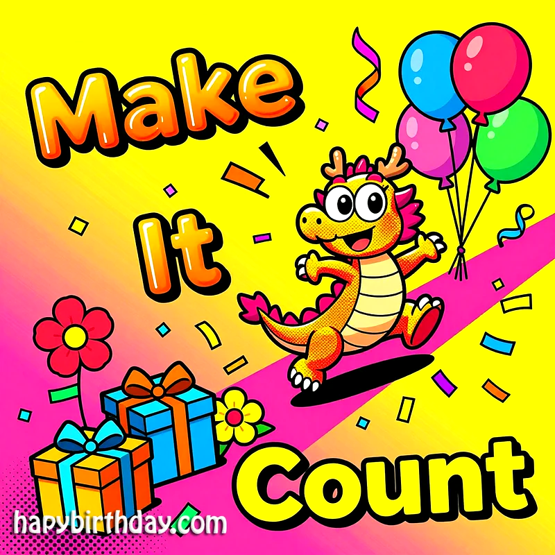 A joyful yellow cartoon dragon celebrating with colorful balloons, confetti, and wrapped gifts against a vibrant yellow and pink background, wishing to make every moment count.