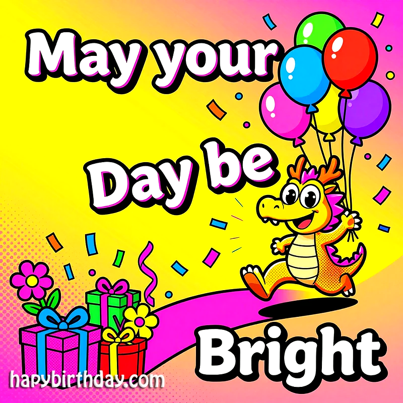 A vibrant birthday card shows a cheerful yellow cartoon dragon holding colorful balloons, with wrapped gifts and confetti scattered on a bright yellow and pink background. A truly joyful greeting.