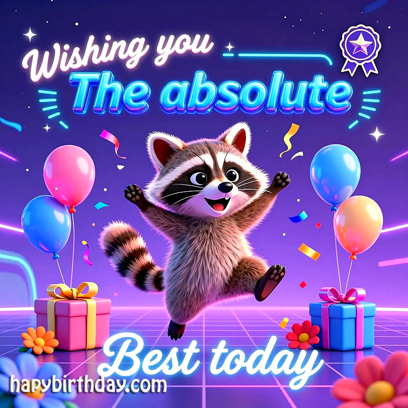 Happy raccoon jumping in a neon grid landscape with colorful balloons and wrapped gifts