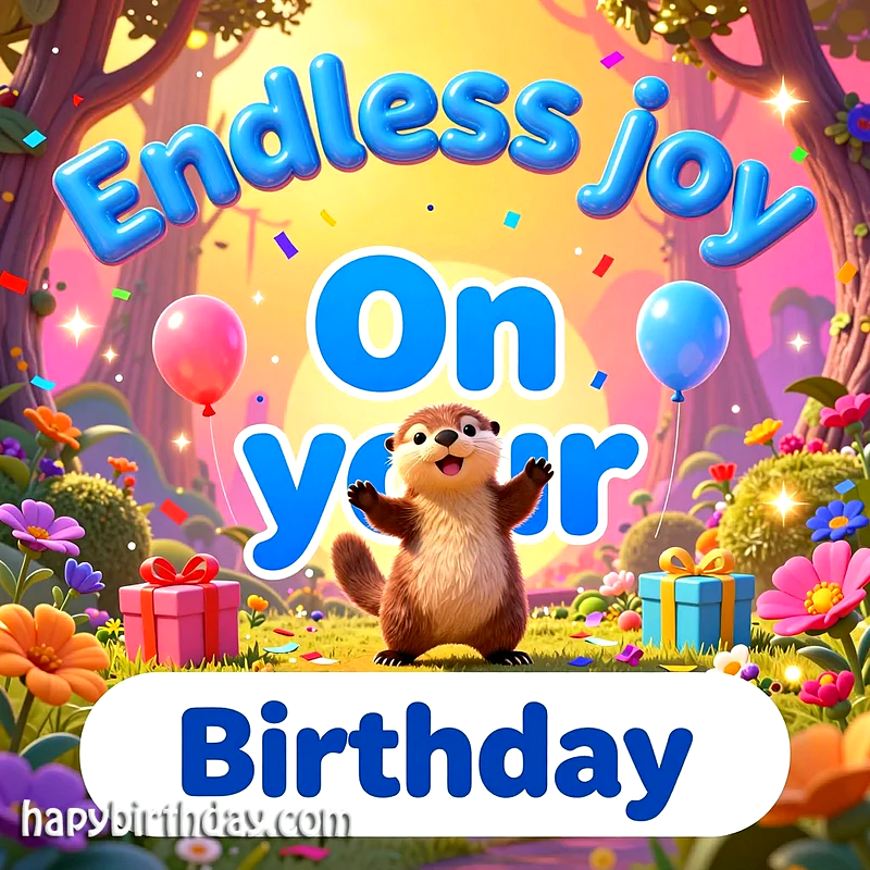 A cheerful otter stands with open arms amidst a whimsical forest, surrounded by colorful balloons, wrapped birthday gifts, and celebratory confetti, wishing 'Endless Joy On Your Birthday'.