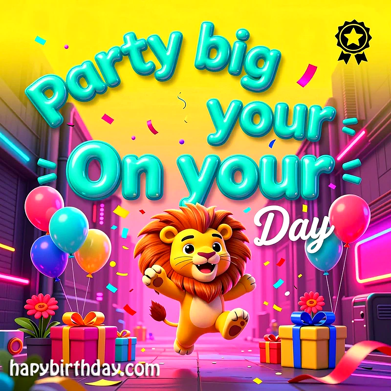 A cheerful cartoon lion jumps excitedly amidst colorful balloons and wrapped gifts in a vibrant, neon-lit street. Confetti falls around, celebrating a special birthday.