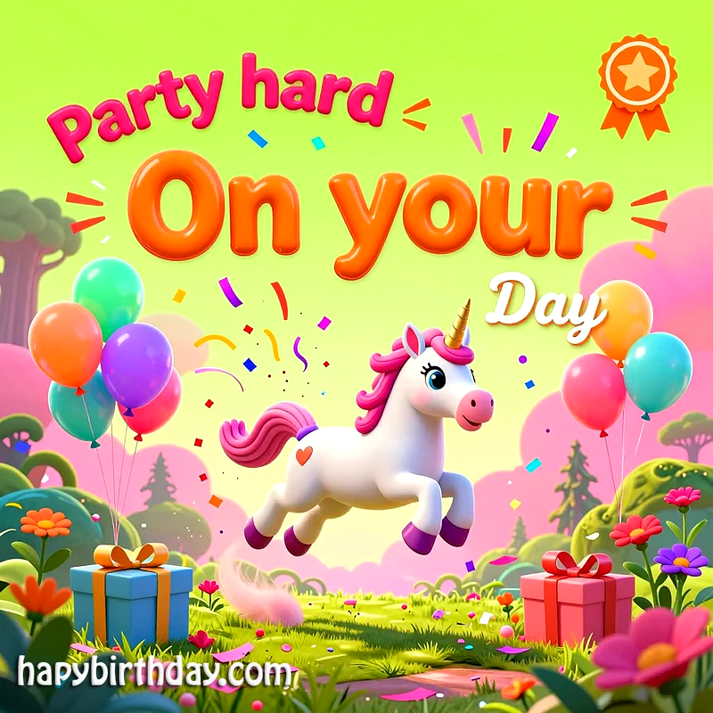 A vibrant 3D birthday card featuring a joyous pink and white unicorn leaping amidst colorful balloons, confetti, and wrapped gifts in a whimsical green landscape, celebrating a special day.