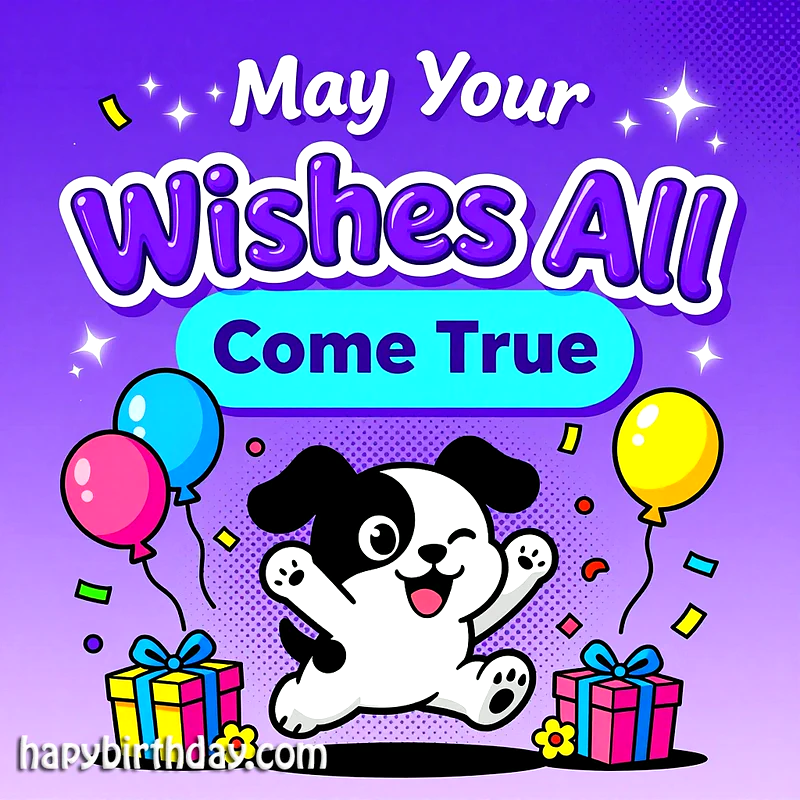 A cartoon black and white puppy winks excitedly amidst colorful balloons, confetti, and wrapped gifts. Text says, "May Your Wishes All Come True," on a vibrant purple background.