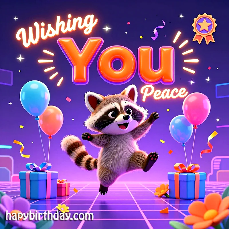 A joyful 3D cartoon raccoon dances among colorful balloons and wrapped gifts on a glowing grid floor. Neon text above reads 'Wishing You Peace', creating a vibrant, sweet, and festive scene.