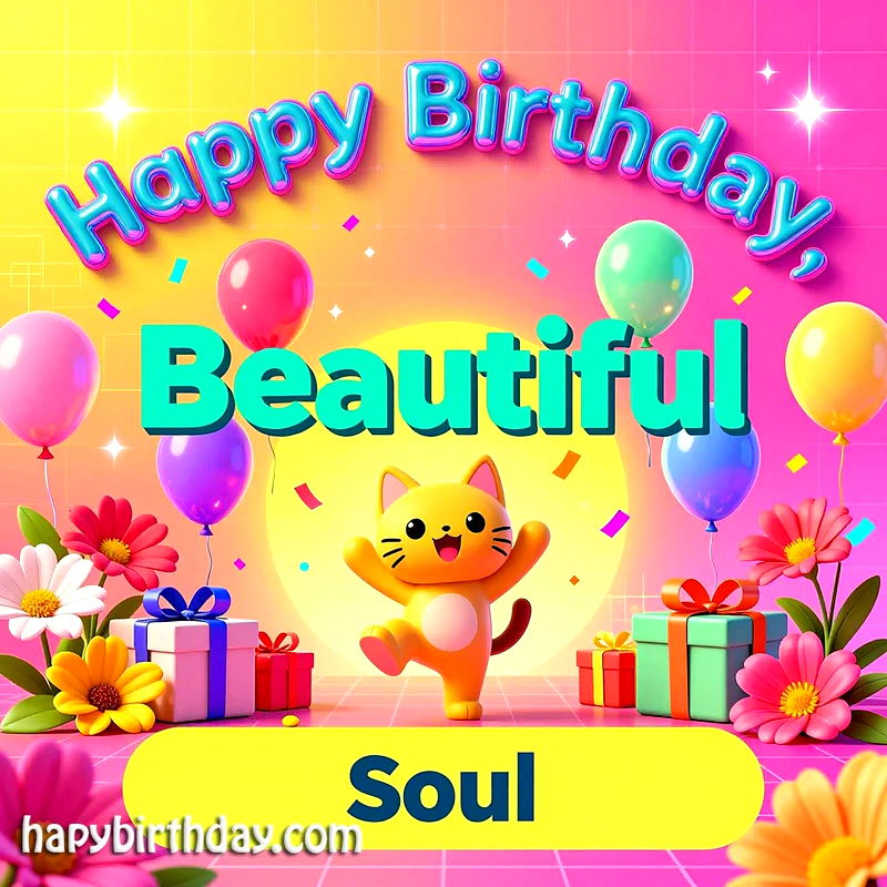 A cheerful cat celebrates with balloons, flowers, and gifts under a vibrant sky.